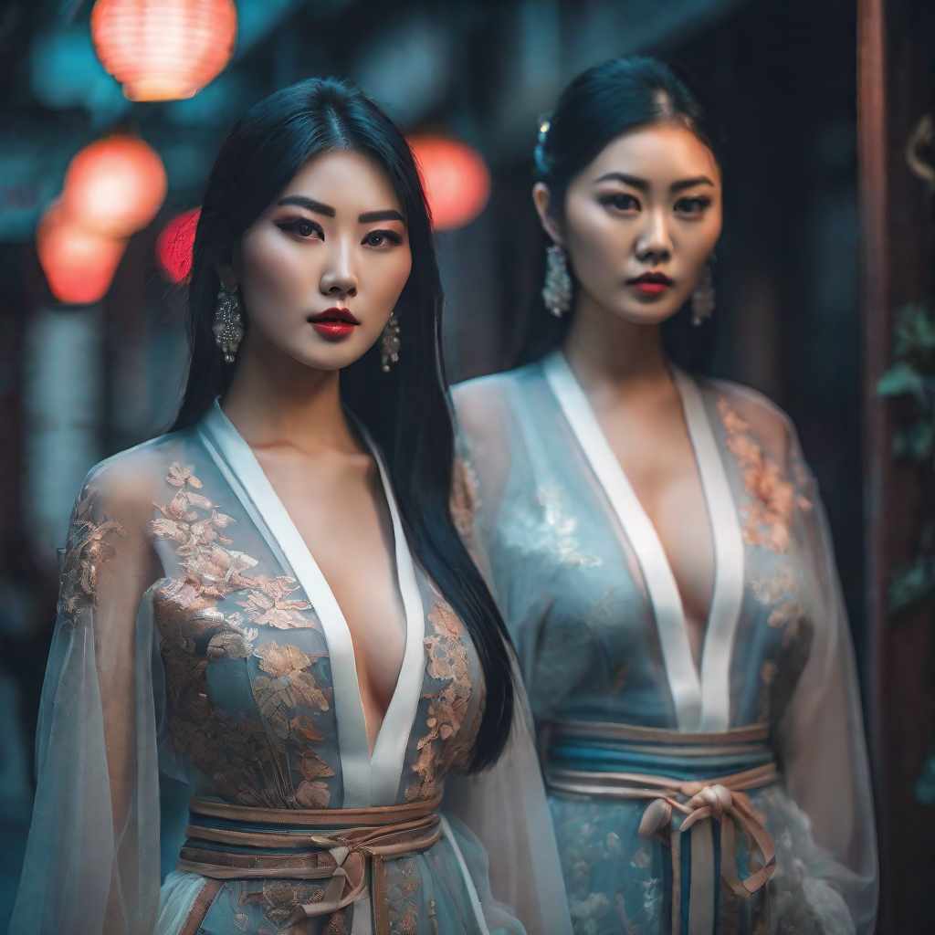 asian girls five, hyperrealistic, full body, detailed clothing, highly detailed, cinematic lighting, stunningly beautiful, intricate, sharp focus, f/1. 8, 85mm, (centered image composition), (professionally color graded), ((bright soft diffused light)), volumetric fog, trending on instagram, trending on tumblr, HDR 4K, 8K