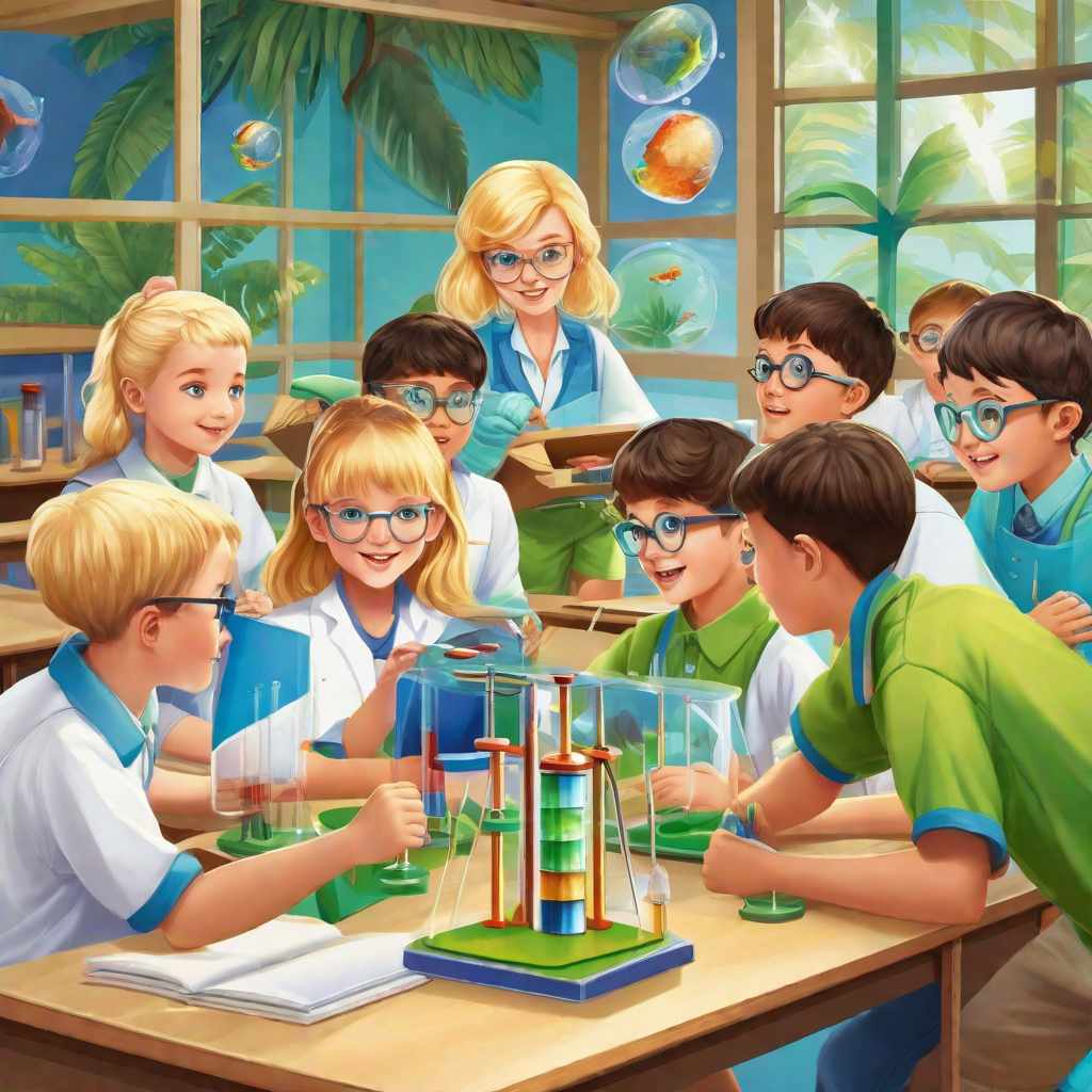  masterpiece, best quality, Science room with students doing an experiment. Teacher at the front of the room (blonde hair) (blue eyes). The classroom is tropical themed