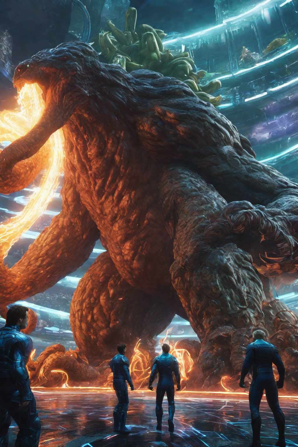  character creation detail,video game design,wide field view,the fantastic four battling a giant kraken,declan shalvey’s art style,cyberpunk, hyper realistic, 8 k,high quality, highly detailed, cinematic