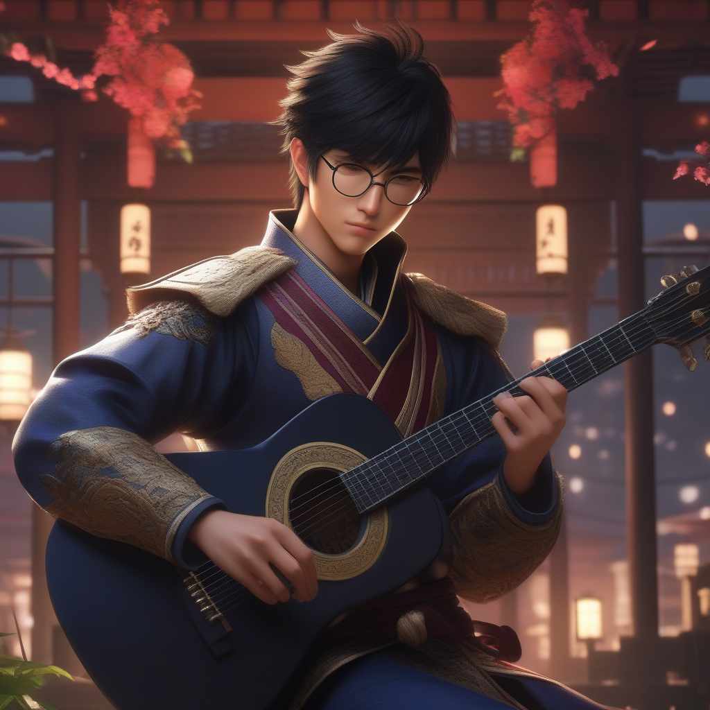  A young Japanese fantasy swordsman with short spiky dark hair and glasses wearing a swordsman uniform playing an acoustic guitar., ((masterpiece)), best quality, very detailed, high resolution, sharp, sharp image, extremely detailed, 4k, 8k