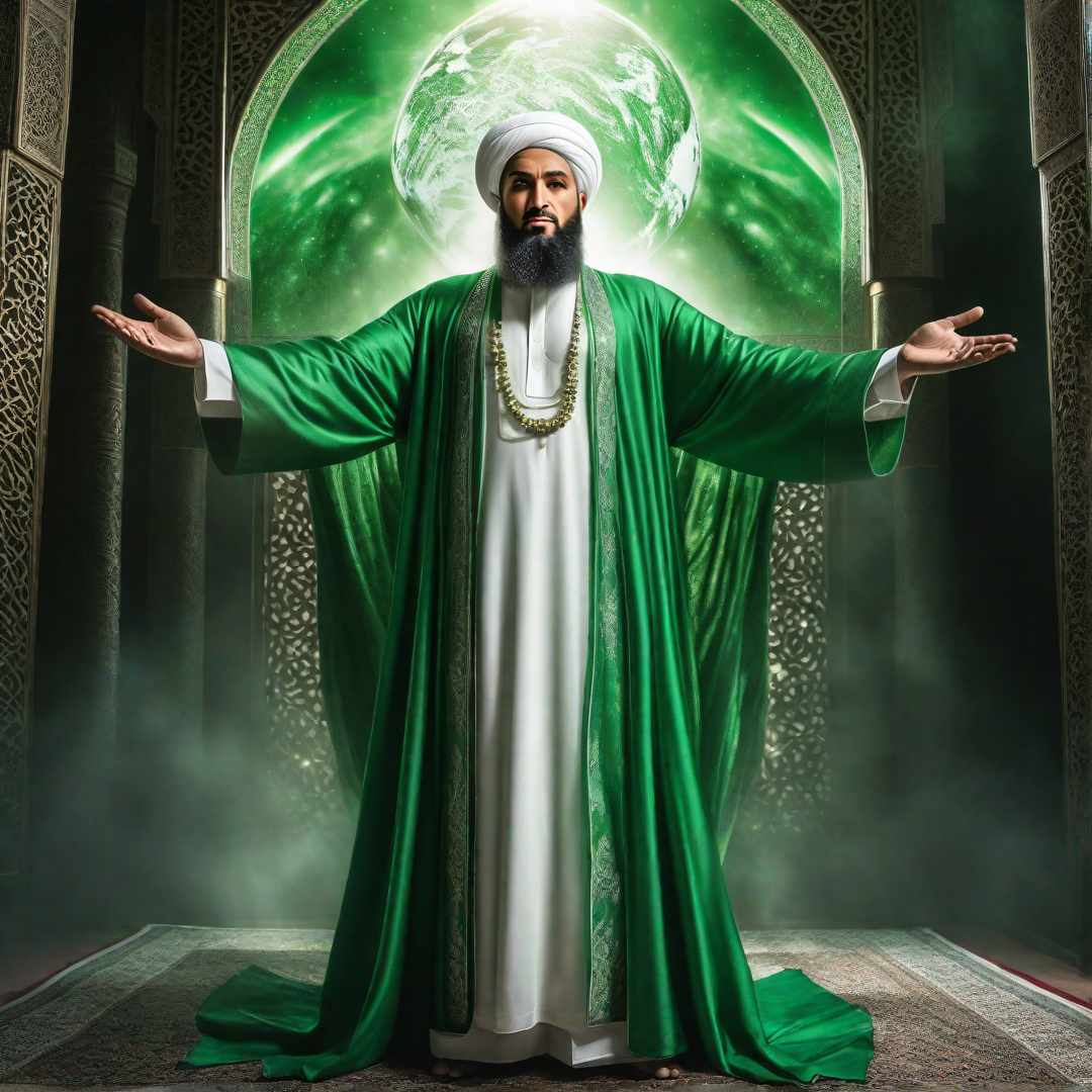  Imam Mahdi from the front and large, raising his hands, face filled with light, clothes green and white, the Imam is at the top and the earth is below him hyperrealistic, full body, detailed clothing, highly detailed, cinematic lighting, stunningly beautiful, intricate, sharp focus, f/1. 8, 85mm, (centered image composition), (professionally color graded), ((bright soft diffused light)), volumetric fog, trending on instagram, trending on tumblr, HDR 4K, 8K
