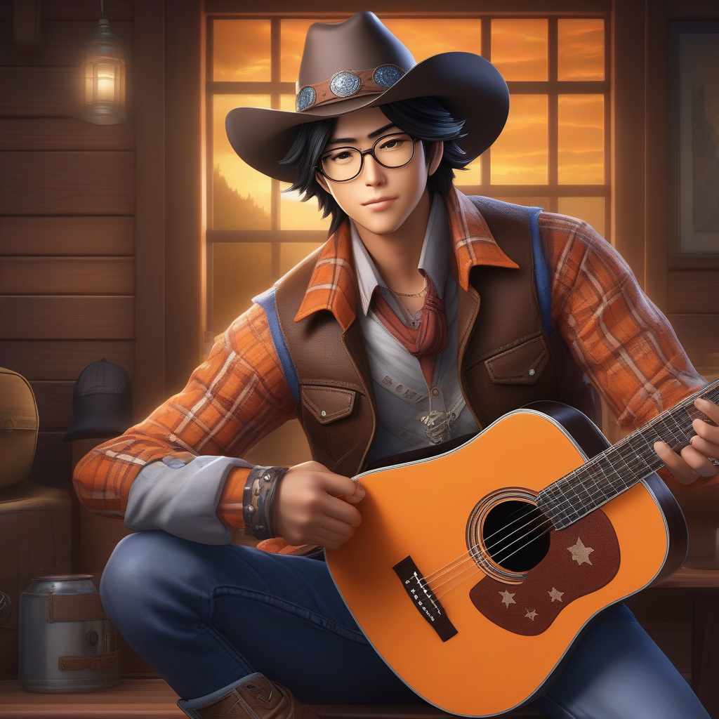  A young Japanese fantasy cowboy with spiky dark hair and glasses wearing a long sleeved orange plaid cowboy shirt, a vest, jeans with a belt, cowboy boots, and a cowboy hat playing an acoustic guitar., ((masterpiece)), best quality, very detailed, high resolution, sharp, sharp image, extremely detailed, 4k, 8k