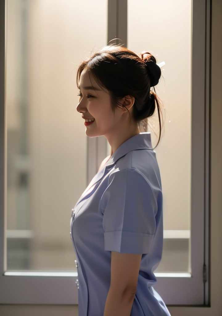  ((A young Korean nurse smiles ((sideview )) looking out the window.)),(Thai Nurse,Nurse), beautiful, high quality,masterpiece,extremely detailed,high res,4k,ultra high res,detailed shadow,ultra realistic,dramatic lighting,bright light