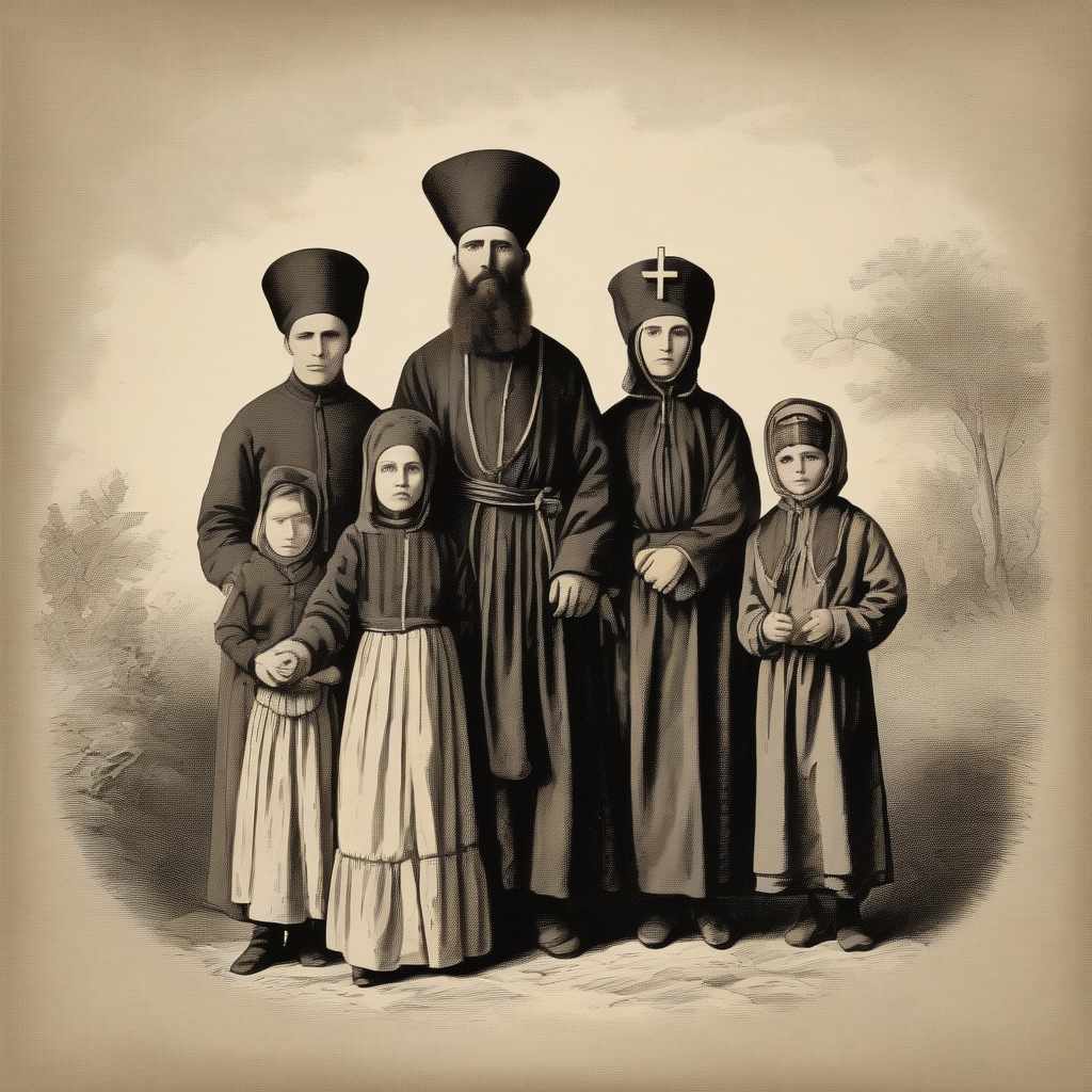  silhouettes of the family, the end of the 19th century: the father in the simple clothes of an Orthodox priest with a cross, with his head uncovered, the mother in a simple long dress in a scarf, two children without a headdress. everyone is facing us, on a white background