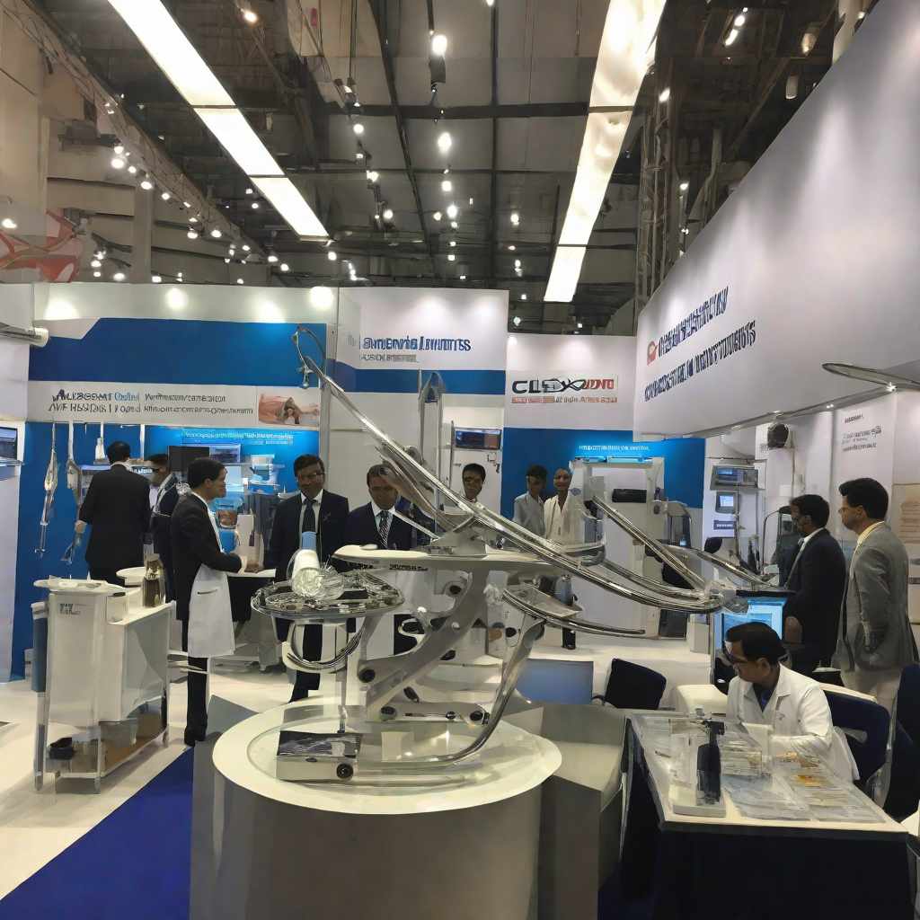  masterpiece, best quality, a surgical instruments comapny Name Clexon Surgical exhibition stall at international expo with visitors