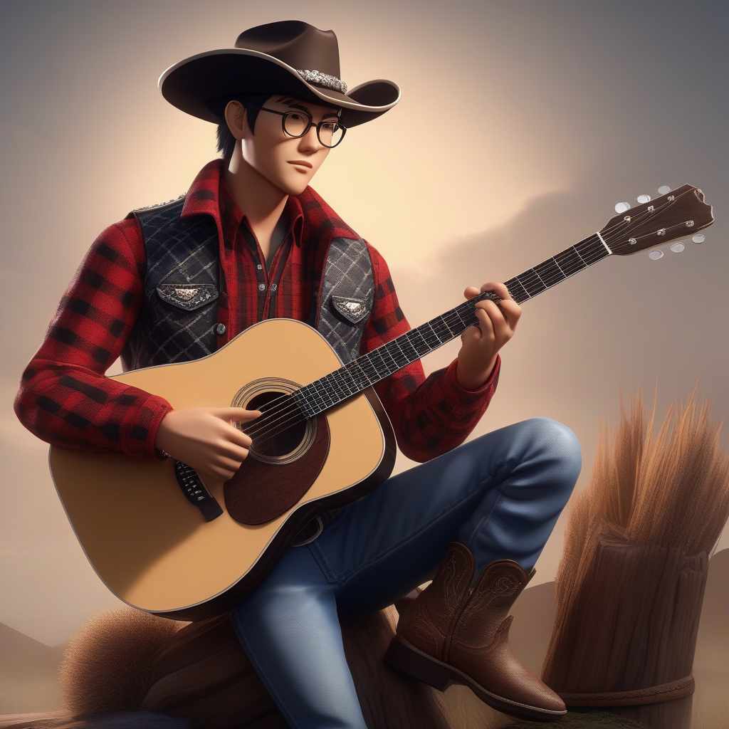  A young Japanese fantasy cowboy with short spiky dark hair and glasses wearing a long sleeved red plaid cowboy shirt, a vest, jeans with a belt, cowboy boots, and a cowboy hat playing an acoustic guitar., ((masterpiece)), best quality, very detailed, high resolution, sharp, sharp image, extremely detailed, 4k, 8k