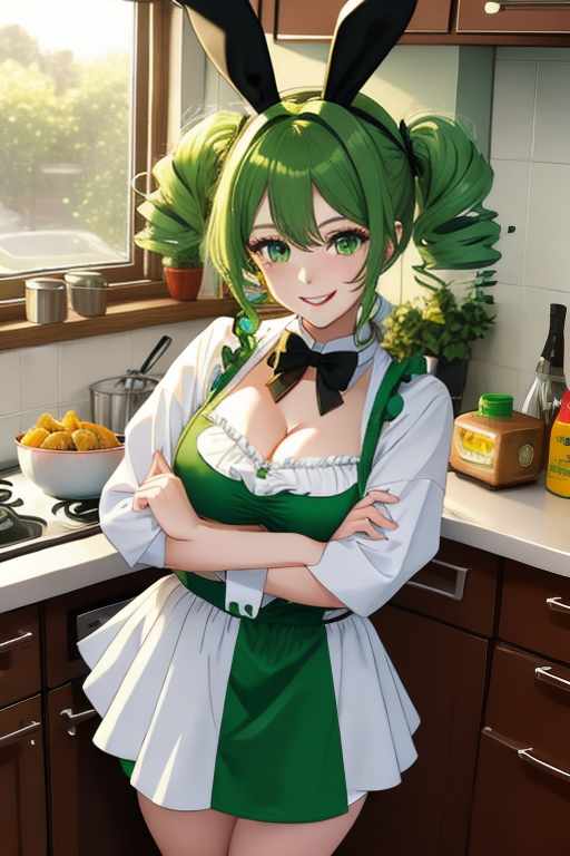  best quality, (solo), 1girl, standing, noodle hair, green hair, green eyes, light smile, medium, bunny girl costume, kitchen,