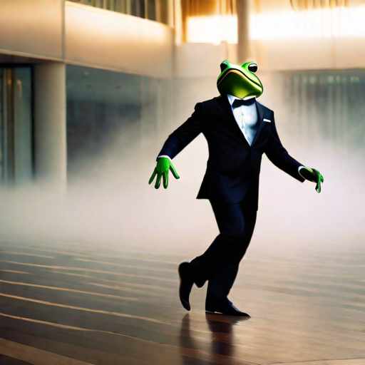  dancing frog in a suit hyperrealistic, full body, detailed clothing, highly detailed, cinematic lighting, stunningly beautiful, intricate, sharp focus, f/1. 8, 85mm, (centered image composition), (professionally color graded), ((bright soft diffused light)), volumetric fog, trending on instagram, trending on tumblr, HDR 4K, 8K