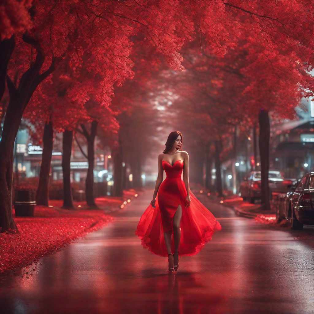  short red dress woman, anime hyperrealistic, full body, detailed clothing, highly detailed, cinematic lighting, stunningly beautiful, intricate, sharp focus, f/1. 8, 85mm, (centered image composition), (professionally color graded), ((bright soft diffused light)), volumetric fog, trending on instagram, trending on tumblr, HDR 4K, 8K