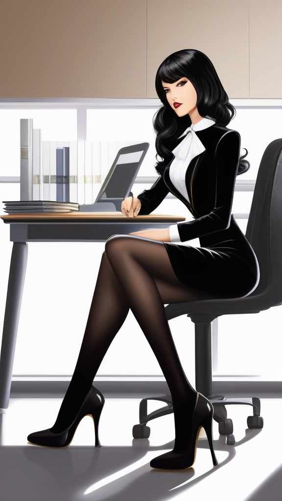  An elegant figure in a tight, black dress paired with black stockings and high-heeled, black shoes. Her black hair flows freely, adding a touch of sensuality to the overall look. Seated on a classroom desk, exuding confidence, a collar around her neck adds a hint of mystery. It's a combination of classic and edgy elements that captures attention in a setting., ((masterpiece)), best quality, very detailed, high resolution, sharp, sharp image, extremely detailed, 4k, 8k
