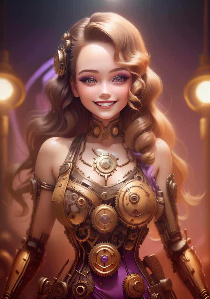  ((1girl 18yo, Long Waves hair, smile, makeup face, wearing Vintage  style, Purple background,cute smile, upper body, studio light, side light)),(meccog,cog), beautiful, high quality,masterpiece,extremely detailed,high res,4k,ultra high res,detailed shadow,ultra realistic,dramatic lighting,bright light