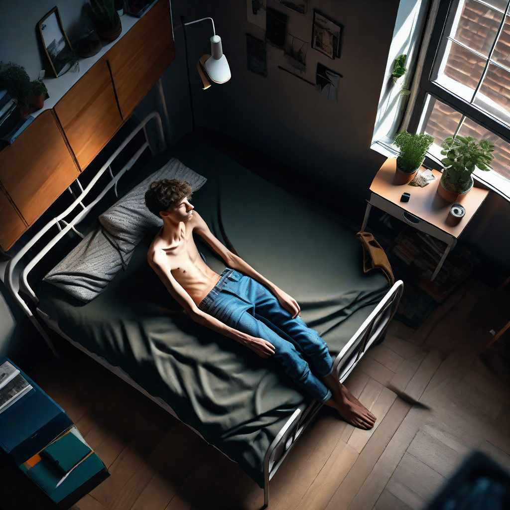  ultra realistic photo from above of a super skinny emaciated anorexic 16 years old male, completely muscleless and fatless and powerless, very concave, relaxing in his untidy room, hyperrealism, sharp focus, 8k hyperrealistic, full body, detailed clothing, highly detailed, cinematic lighting, stunningly beautiful, intricate, sharp focus, f/1. 8, 85mm, (centered image composition), (professionally color graded), ((bright soft diffused light)), volumetric fog, trending on instagram, trending on tumblr, HDR 4K, 8K