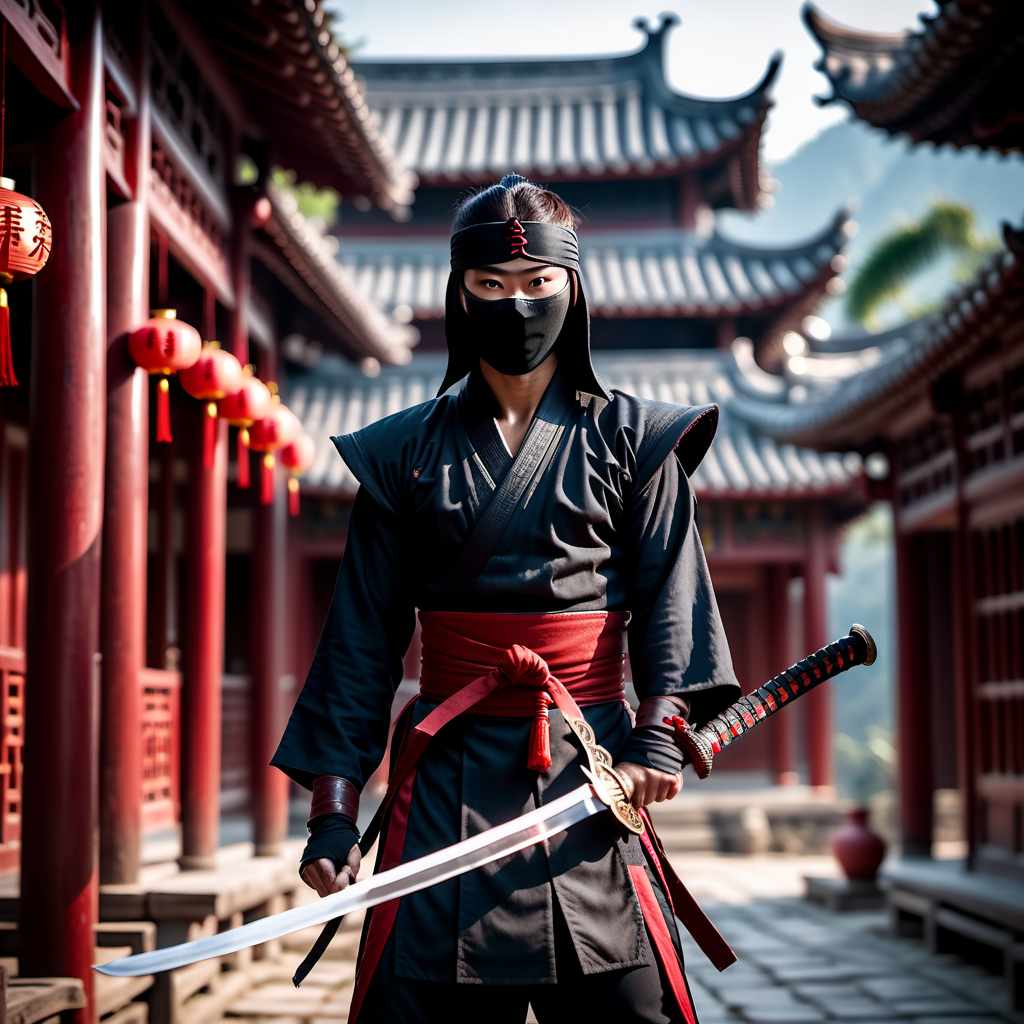  cinematic film still Killer in Ninja costume with glowing eyes holds an bloody sword on the background of an old Chinese house, and drops of blood fly around. . shallow depth of field, vignette, highly detailed, high budget, bokeh, cinemascope, moody, epic, gorgeous, film grain, grainy