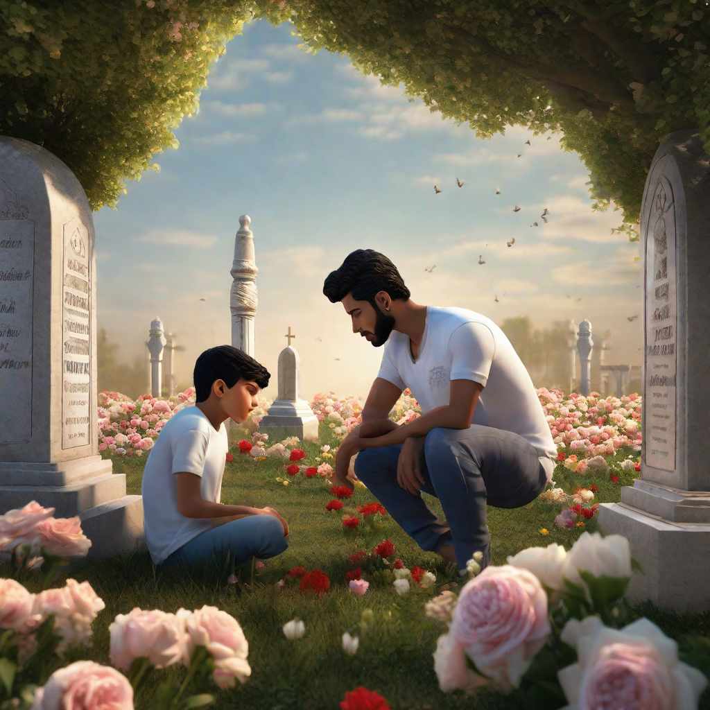  In the Muslim cemetery, there is a grave with the words "Abdullah Ayaz" on the tombstone and a grave full of flowers, and the boy with his best boyfriend sitting next to him is wearing a white t-shirt, on the t-shirt it says "Another Love", hyperrealistic, full body, detailed clothing, highly detailed, cinematic lighting, stunningly beautiful, intricate, sharp focus, f/1. 8, 85mm, (centered image composition), (professionally color graded), ((bright soft diffused light)), volumetric fog, trending on instagram, trending on tumblr, HDR 4K, 8K