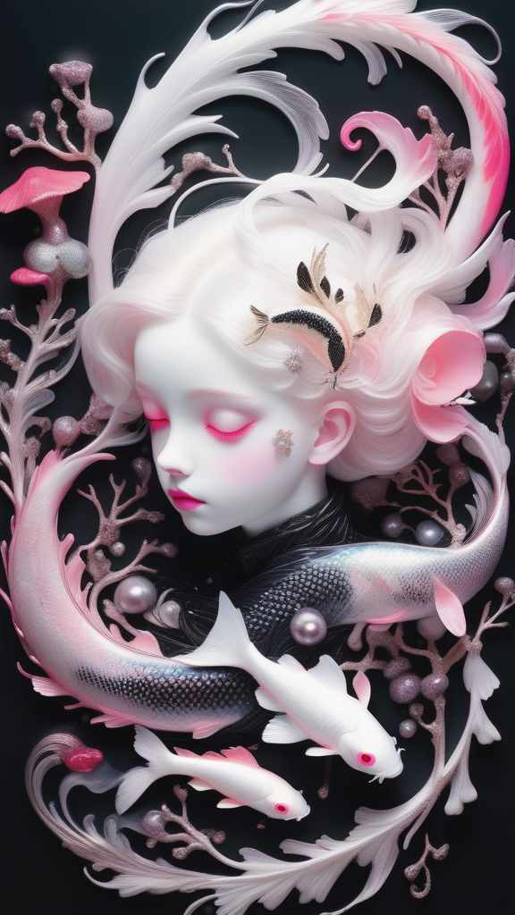  photo RAW, (Black, neon pink and magenta : Portrait of 2 ghostly long tailed white koi, shiny aura, highly detailed, black pearls, gold and coral filigree, intricate motifs, organic tracery, Kiernan Shipka, Januz Miralles, Hikari Shimoda, glowing stardust by W. Zelmer, perfect composition, smooth, sharp focus, sparkling particles, lively coral reef colored background Realistic, realism, hd, 35mm photograph, 8k), masterpiece, award winning photography, natural light, perfect composition, high detail, hyper realistic hyperrealistic, full body, detailed clothing, highly detailed, cinematic lighting, stunningly beautiful, intricate, sharp focus, f/1. 8, 85mm, (centered image composition), (professionally color graded), ((bright soft diffused light)), volumetric fog, trending on instagram, trending on tumblr, HDR 4K, 8K
