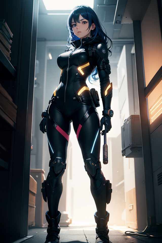  Imagine a female character who is an explorer in a futuristic world. She is of average height with a muscular build. Her hair is long and wavy, dyed a vibrant blue. Her eyes are large and golden, reflecting a sense of curiosity and intelligence. She wears a lightweight, durable suit equipped with advanced technology. The suit is silver, tailored to fit her body contours, featuring numerous pockets and glowing details. Her gloves and boots are black and sturdy, suitable for exploration. She carries a multifunctional backpack and has various tools hanging from her belt. Her expression is one of determination, ready to venture into the unknown. hyperrealistic, full body, detailed clothing, highly detailed, cinematic lighting, stunningly beautiful, intricate, sharp focus, f/1. 8, 85mm, (centered image composition), (professionally color graded), ((bright soft diffused light)), volumetric fog, trending on instagram, trending on tumblr, HDR 4K, 8K