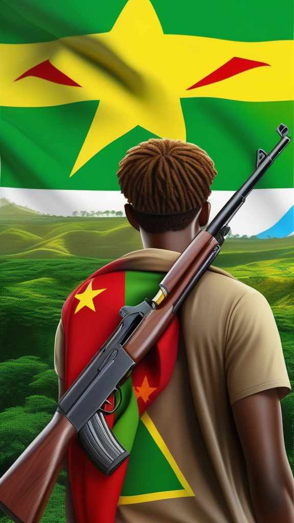  Ethiopian young man holding Ak 47 on back and ready to fight aggrasively infront his cloth coler is green, yelow, red ethiopian flag and place is ethiopian topography., ((masterpiece)), best quality, very detailed, high resolution, sharp, sharp image, extremely detailed, 4k, 8k