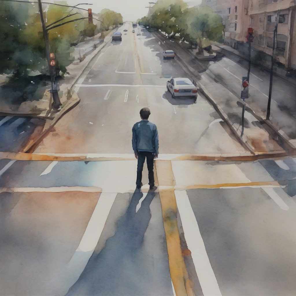  One person standing on the intersection of roads 50% oil 50% watercolor.