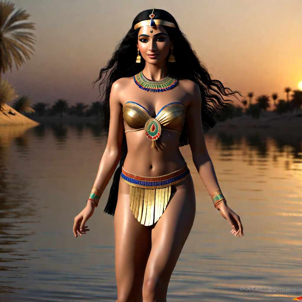  professional 3d model professional 3d model young ancient egyptian woman dance, small, (nude), without clothes,, natural, (topless), long black hair, at full heigh body, perfect symmetric eyes, gorgeous face, action pose, full height body, on the banks of the Nile, night. octane render, highly detailed, volumetric, dramatic lighting . octane render, highly detailed, volumetric, dramatic lighting